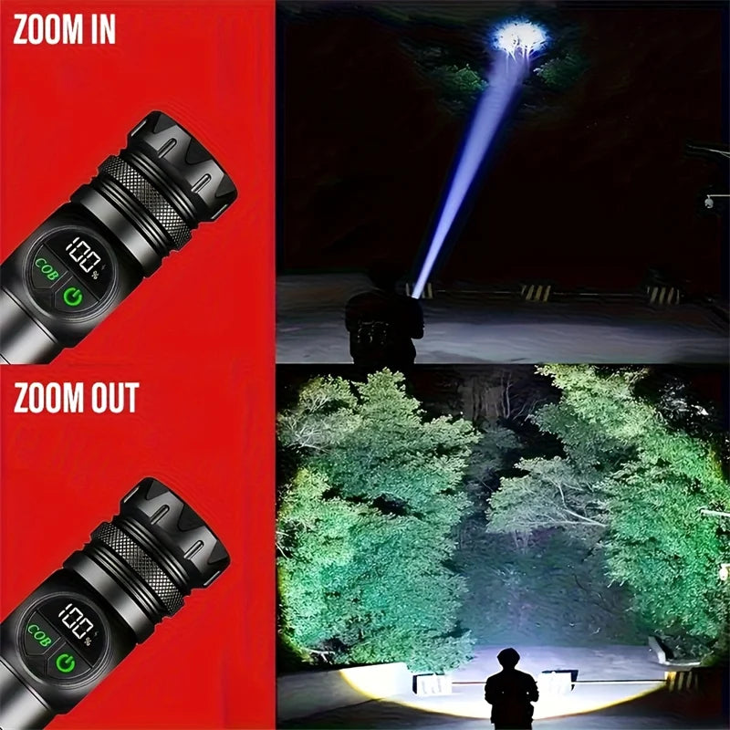 Kraftig LED Lommelygte | USB Genopladelig | Magnetfod & COB Sidelys | Zoom & Vandtæt Taktisk Lampe