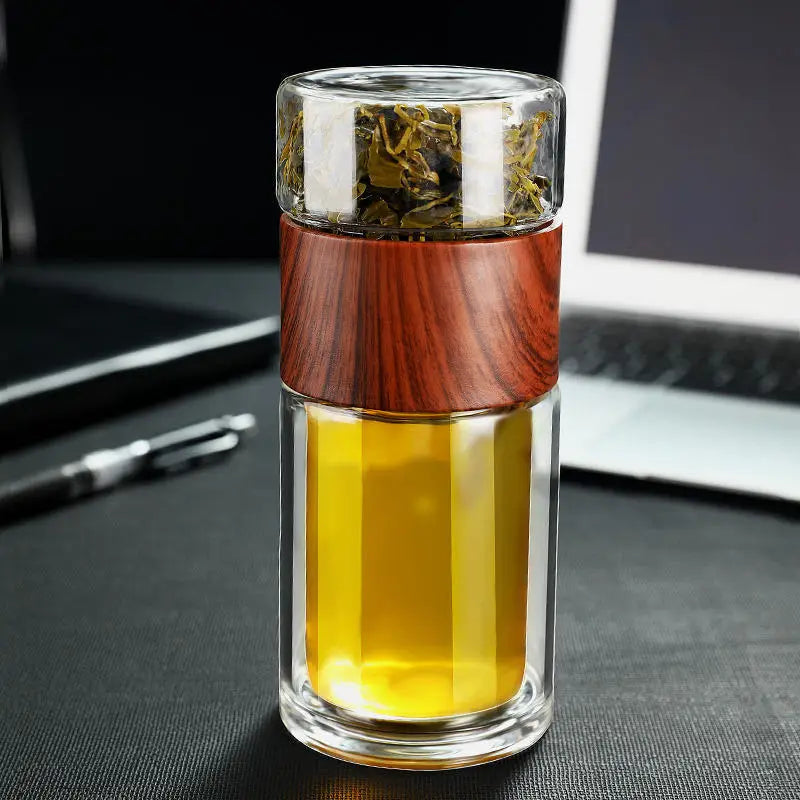 Højkvalitets dobbeltlags glas vandflaske med te-infuser & bæretaske