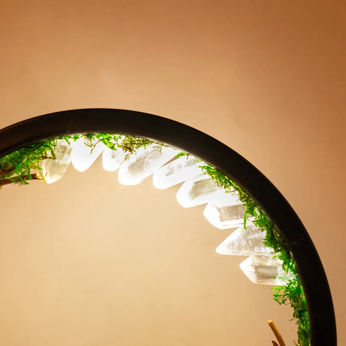 EnchantedRing | Natlampe med elegant cirkulær ramme med grønne planter og ægte krystaller, perfekt til boligindretning
