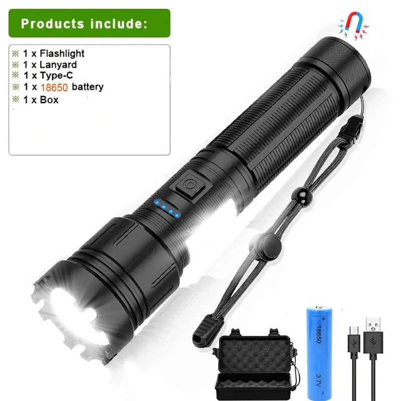 Genopladelig LED Lommelygte | 7 Lysindstillinger | Zoomfunktion & Magnetfod | Vandtæt Taktisk Lampe
