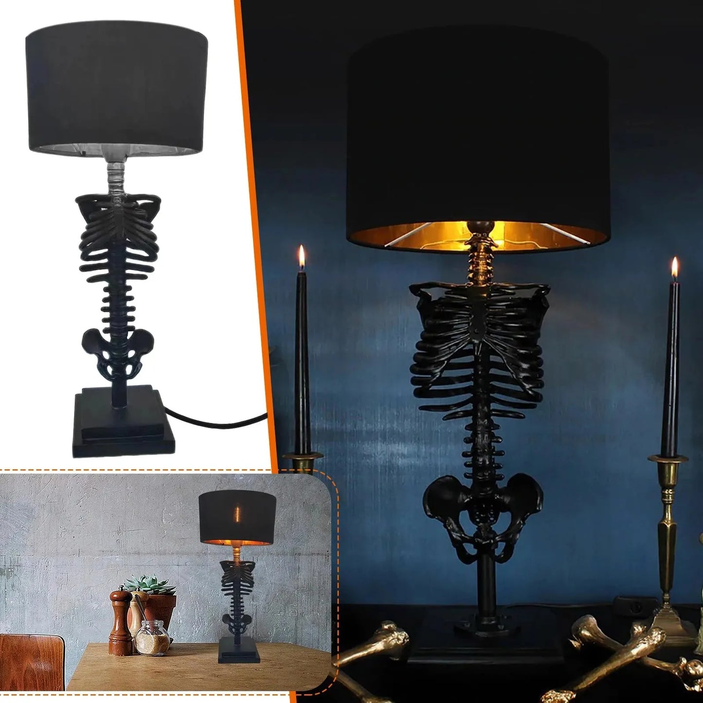 Handlavet Gotisk Skelet Bordlampe med USB Opladning – Unik Indretning til Stue og Soveværelse-4