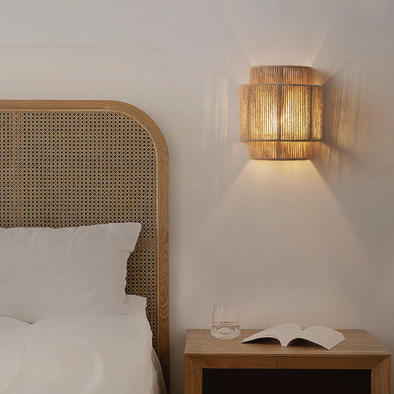 RaffioLume - Bohemian vintage rattan hamp reb væg LED lampe