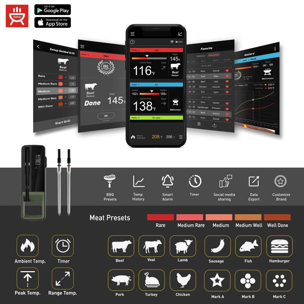 Trådløs Grilltermometer med Dobbelt Temperatursensor – Bluetooth, Rækkevidde 557 m, Præcise Temperaturmålinger-5