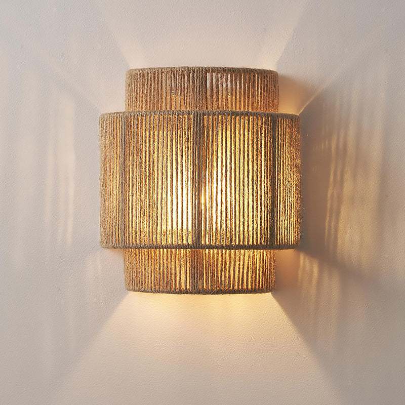 RaffioLume - Bohemian vintage rattan hamp reb væg LED lampe