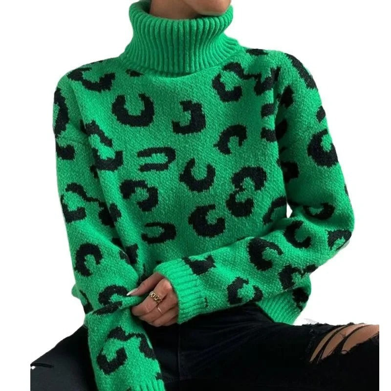 Anneluxe - Casual rullekravetrøje med leopardprint