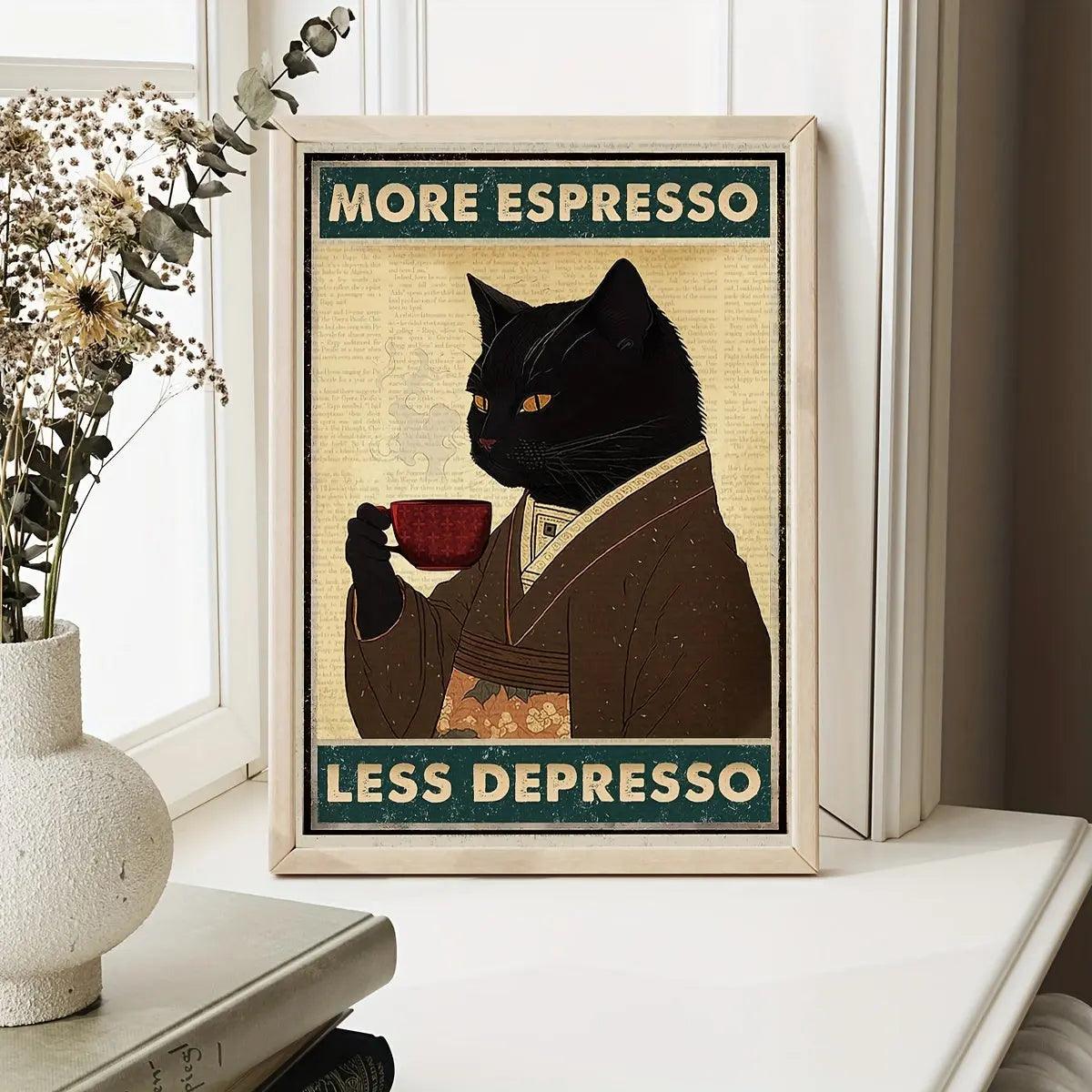 CaffeineBoost - »More Espresso Less Depresso« vægkunst - motiverende plakat med kaffecitat
