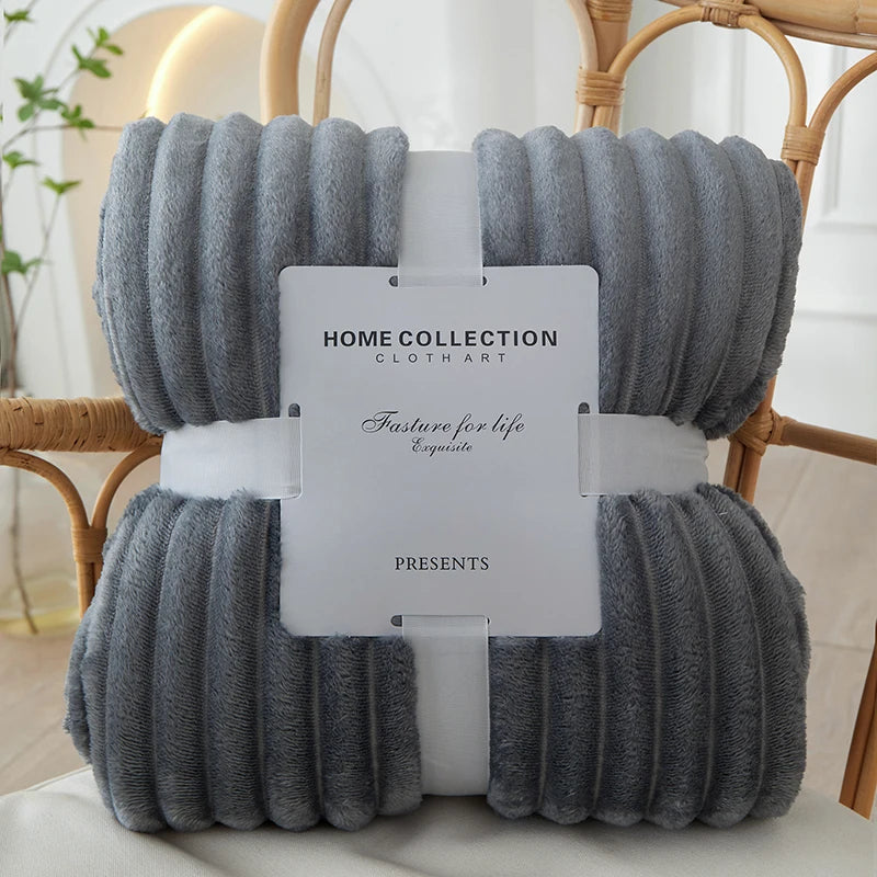 FluffLux - Bredt stribet flannel-fleecetæppe | efterårs- og vinterhygge