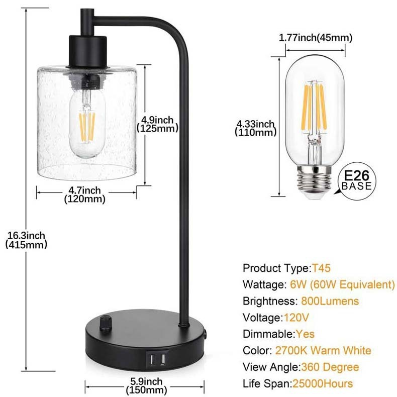 LumoStyle - Industriel sengelampe med dæmpbar LED og USB-porte