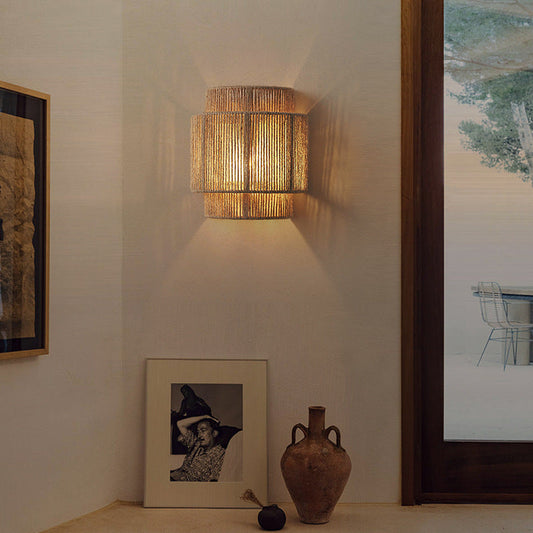 RaffioLume - Bohemian vintage rattan hamp reb væg LED lampe