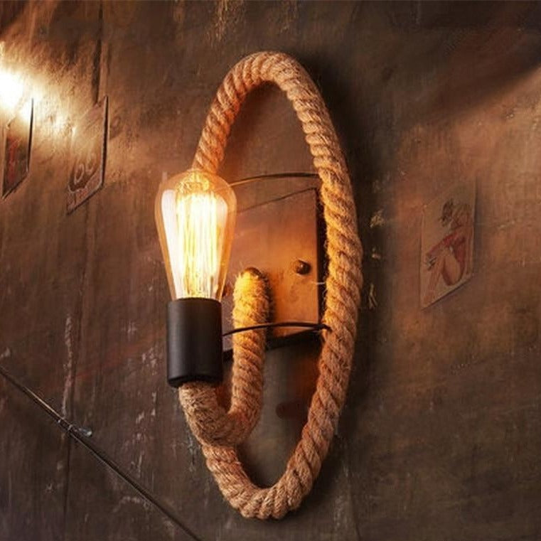 Vintage Touw Væglampe – Rustik Jern og Touw Design med E27 Fatning til Hyggelig Belysning-2